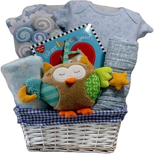 Baby Gift Basket with Plush Owl, 2 x Cotton one-Pieces, 2 x Blankets, Wash Cloths, and a Storybook, Gift Basket (Blue Owl)