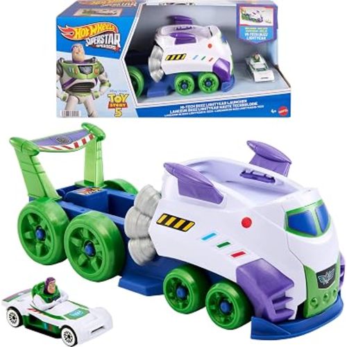 Hot Wheels Toy Car, Disney and Pixar Hi-Tech Buzz Lightyear Launcher & Hauler with 1:64 Scale Die-Cast Superstar Speeder Hi-Tech Buzz Lightyear