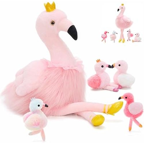 MorisMos Pink Flamingo Stuffed Animal with 4 baby Bird Plush Toys Inside, 24'' Ballerina Flamingo Plush Toys Set for Girl Boy Kid, Mom & Baby Pink Bird Stuffed Animal Gift Decor for Christmas Birthday