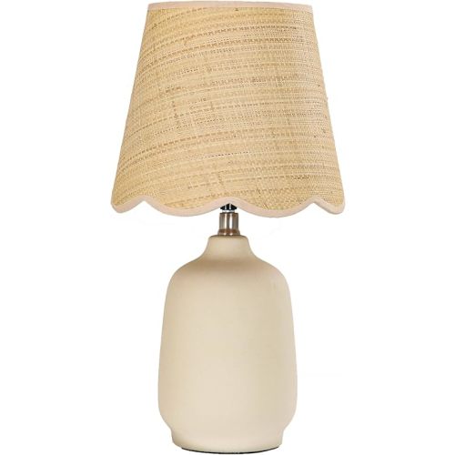 19" Boho Ceramic Table Lamp, Handmade Ceramic Base with Rattan Shade, Farmhouse Plug-in Bedside Nightstand Lamps for Bedroom, Living Room, E26 Socket, Cream