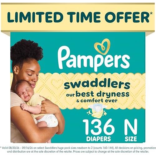 Pampers Swaddlers Diapers, Size 0 (up to 10 lbs), 136 Count, Absorbent, Keeps Baby Dry and Comfortable, Skin Safe Disposable Baby Diaper