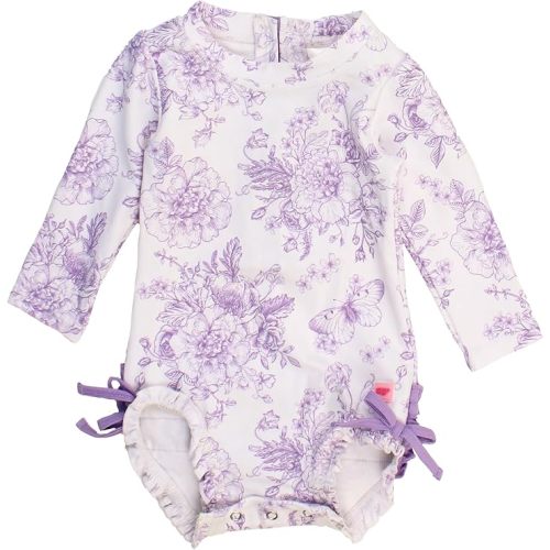 RuffleButts Baby Girls UPF 50+ Sun Protection Floral Printed Long Sleeve One Piece Rash Guard Swimsuit with Zipper