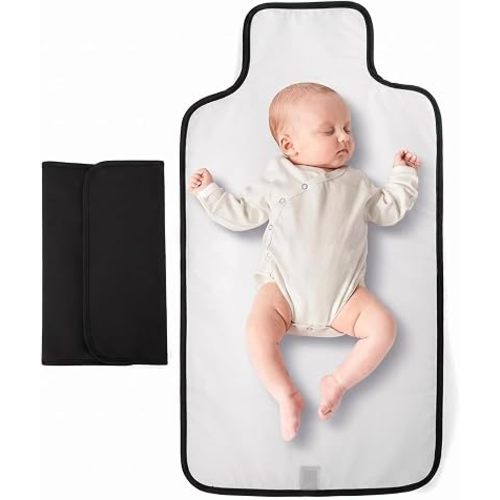 Portable Changing Pad, Black, Waterproof, Compact Travel Diaper Changing Mat with Built-in Pillow