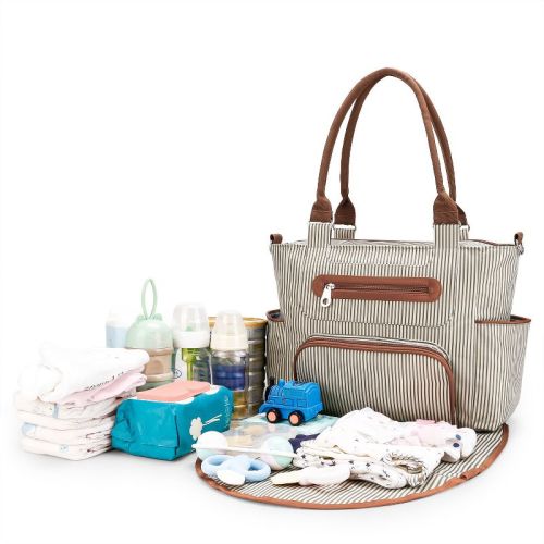 Babyluv"8-Piece Multifunctional Baby Diaper Bag Set for Parents with Changing Pad, Bottle Bag & More"BlackStripeDarkGrey&Khaki