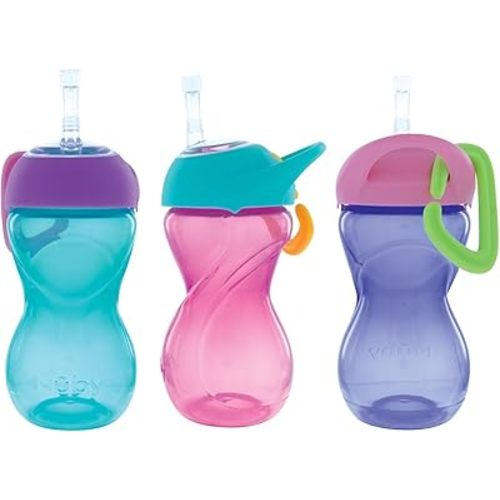 Nuby No-Spill Clik-It Soft Spout Sippy Cup with Carabiner Clip - (3-Pack) 10 oz - Baby Sippy Cup for 6+ Month Old with Easy Grip - Aqua/Pink/Purple
