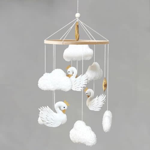 Baby Mobile White Swans with Golden Crowns Felt Clouds Baby Mobile for Crib Boys Girls Neutral Baby Gift Hanging for Nursery Decor Accessories