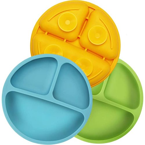 PandaEar Divided Unbreakable Silicone Baby and Toddler Plates - 3 Pack - Non-Slip - Dishwasher and Microwave Safe - Silicone (Blue Green Yellow)