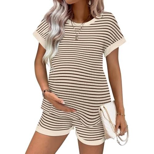 Ekouaer Maternity Pajamas 2 Piece Outfits Waffle Knit Short Sleeve Tops and Shorts Loungewear Set Pregnancy Clothes