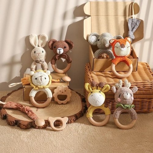 Crochet Rattle Baby Gift Box Crochet Wood Animal Baby Rattle - Etsy