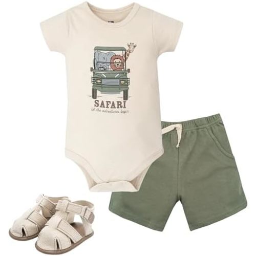 Hudson Baby Unisex Baby Cotton Bodysuit, Shorts and Shoe Set