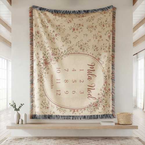 Wildflower Milestone Blanket Personalized Baby Name Blanket Girl Monthly Milestone Woven Blanket Floral Nursery Keepsake Baby Shower Gift