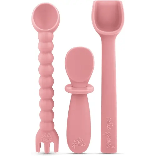Ryan & Rose Ultimate Baby Utensil Set of 3 Silicone Baby Spoons Silicone feeding set for baby led weaning, self feeding 6 months, toddler utensils (Rose)
