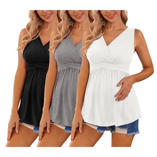 Ekouaer 3 Packs Maternity Tank Tops Sleeveless V Neck Nursing Tops | Stretchy Maternity Nursing Tops, Casual Pregnancy Tank, Soft Maternity Tops for Breastfeeding, Maternity Clothes