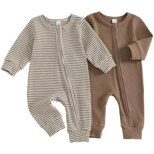 Waffle Knit Infant Baby Boy Outfit Newborn Long Sleeve Romper Zipper Jumpsuit Fall Winter Clothes 2-Pack