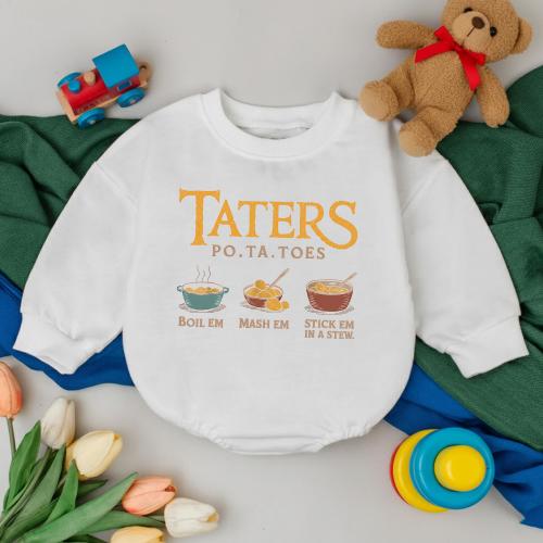 (12-18m, Long Sleeved, Sage Green) Taters Potatoes Quote Baby Outfit, Potato Infant Baby Bodysuit, Newborn Gift Keepsake, Potatoes Lover Apparel, Funny Shirt for Kids