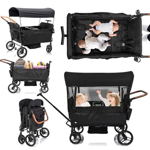 Voupou Stroller Wagon for 4 Kids Seated-Tandem Fold Stroller Push-Pull Lightweight Travel Trolley with 5-Point Harness,Adjustable Handle and Canopy,Mosquito Net,Footwells,Child Tray,Cup Holder,Storage