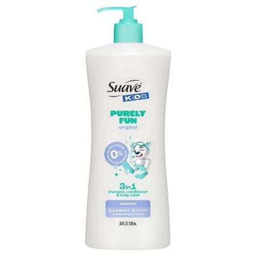 Suave Kids Purely Fun Sensitive 3 in 1 Shampoo Conditioner Body Wash 28 fl oz: For All Hair Types, Paraben-Free, Aluminum-Free