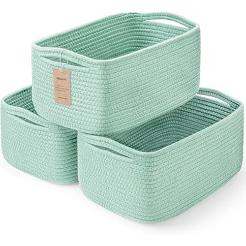 Maxuni 3-Pack Storage Baskets for Organizing | Woven Shelf Toy Basket | Rope Baskets for Gifts Empty | Closet Organizer Bins with Handles | Cube Decorative Box | 13.7×7.1×6.7” | Light Green