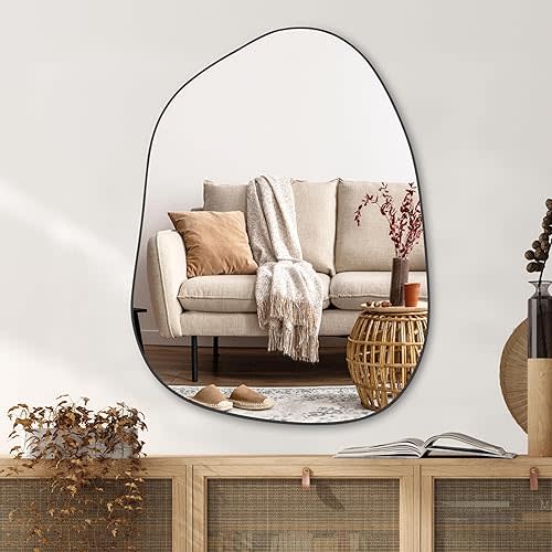 PERFNIQUE Irregular Asymmetrical Wall Mirror, 32"x24" Black Bathroom Mirror