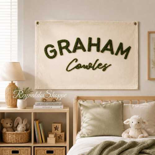 Personalized Hand Embroidered Name Pennant Flag, Custom Baby Name Banner, Nursery Wall Decor, Kids Room Decor, Baby Gift
