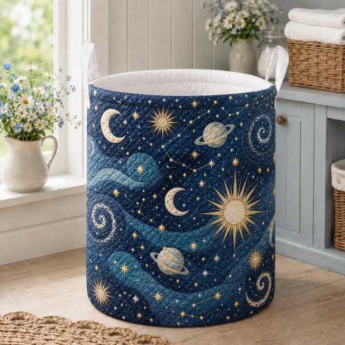 Celestial Quilted Laundry Basket, Moon and Stars Storage Hamper, Nursery Bin, Space Bedroom Decor, Cosmic Gift