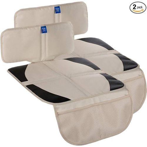 funbliss car seat Protector for Child car seat Beige Thick Padding Carseat Kick Mat with Organizer Pockets,Waterproof 600D Fabric,Vehicle Dog Cover Pad for SUV Sedan Leather Seats（2 Pack）