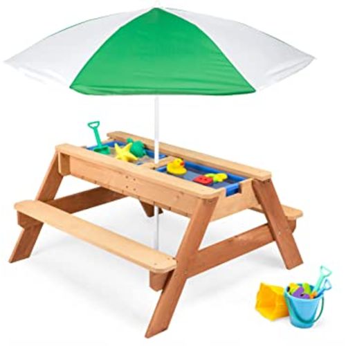 Best Choice Products Kids 3-in-1 Sand & Water Activity Table, Wood Outdoor Convertible Picnic Table w/Umbrella, 2 Play Boxes, Removable Top - Green