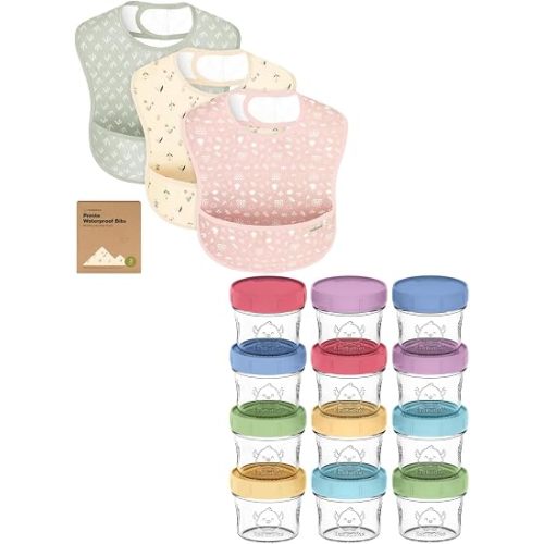 Keababies 3-Pack Waterproof Baby Bibs for Eating and 12-Pack Baby Food Glass Containers - Lightweight Baby Bib with Food Catcher - 4 oz Leak-Proof, Microwavable, Baby Food Storage Container