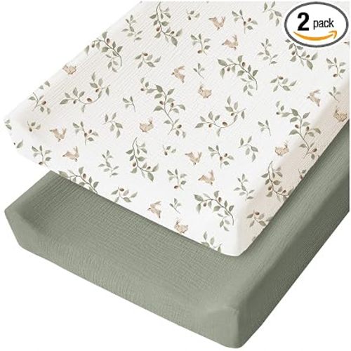 Konssy 2 Pack Muslin Changing Pad Cover for Baby Girls Boys 100% Cotton Fitted Diaper Changing Table Cover Set, Soft Changing Pad Sheets (Rabbit,Fog Green)