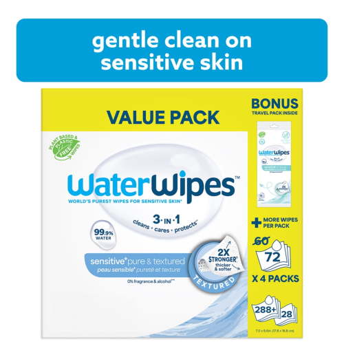 WaterWipes Sensitive Pure & Textured Wipes, 3-In-1 Cleans, Cares, Protects, 99.9% Water, Unscented & Hypoallergenic, 288 Count + Bonus Pack