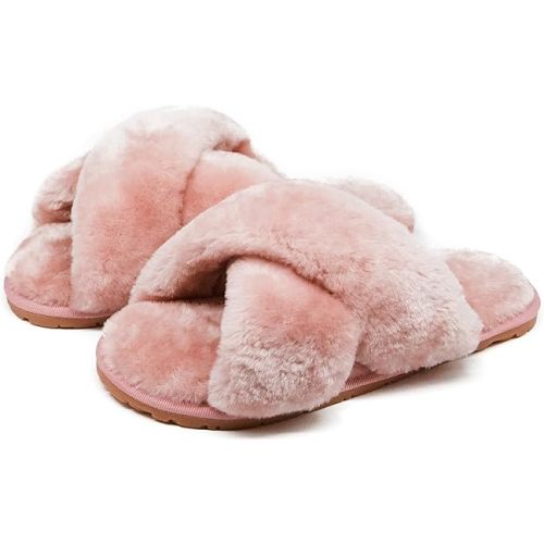 Crazy Lady Women's Fuzzy Fluffy House Slippers Cute Plush Memory Foam Shoes Cross Band Indoor Outdoor Open Toe Sandals