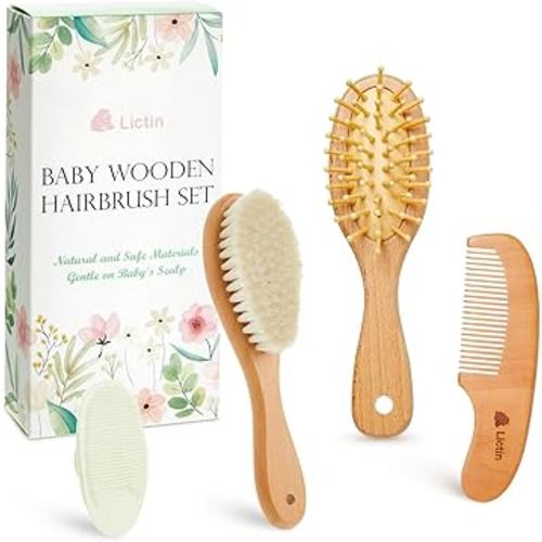 Lictin Baby Hair Brush and Comb Set, 4 Pcs Newborn Hair Brush with Soft Bristle, Natural Goat Hair and Wood Baby Cradle Cap Comb for Newborns & Toddlers, Newborn Baby Essentials, Perfect Registry Gift