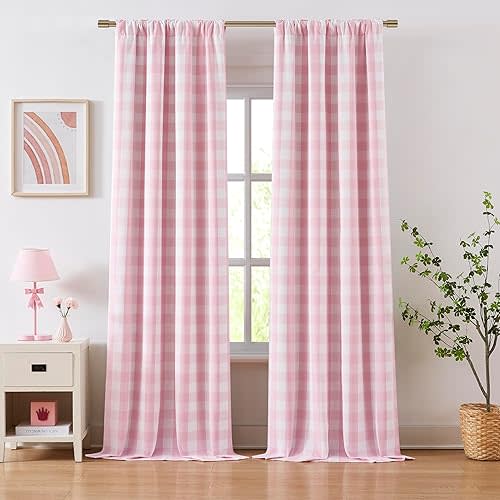 Bapawfish Pink White Buffalo Plaid Full Blackout Curtains 84 Inches Long