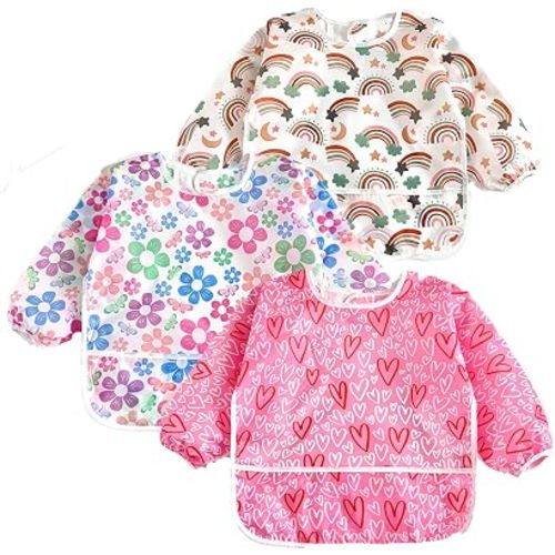 PandaEar 3 Pack Waterproof Baby Long Sleeve Bibs for Girls, Lightweight Toddler Art Smock with Catch-All Pocket, Washable Mealtime Bibs for Eating & Messy Play, Fits 6-24-36 Months