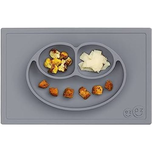 ezpz Happy Mat (Gray) New Version - 100% Silicone Suction Plate with Built-in Placemat for Toddlers + Preschoolers - Divided Plate - Dishwasher Safe