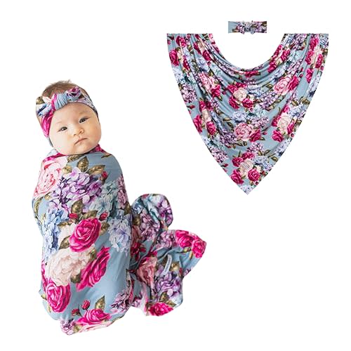 Posh Peanut Swaddle Blanket & Headband Set – Viscose from Bamboo Stretchy Baby Swaddle for Newborn Girls, Receiving Blanket or Nursing Cover (Lacey)