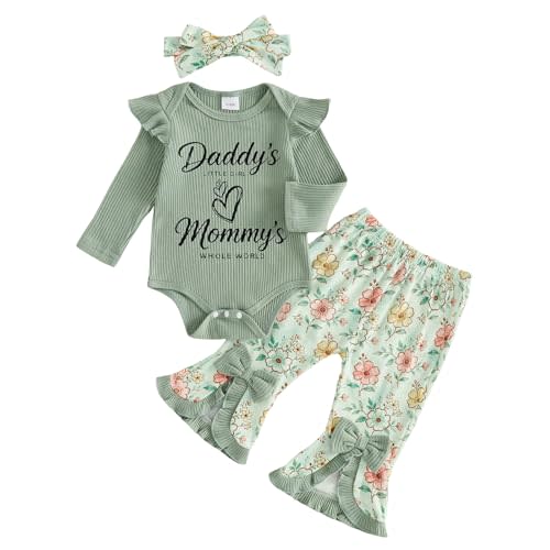 Newborn Baby Girl Clothes Ribbed Knit Bodysuit Flower Bell Bottoms Set Romper Flare Pants Fall Coming Home Outfits