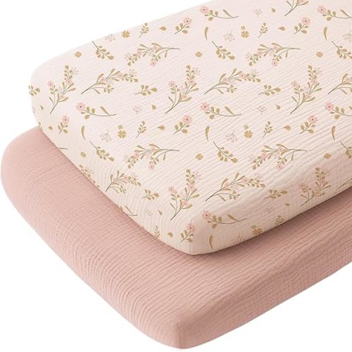 Konssy Muslin Fitted Bassinet Sheets 2 Pack for Baby Girl Boy, Soft Bedside Sleeper Bassinet Sheets Fit for Baby Bassinets, Moses Basket Oval Rectangle Pad/Mattress