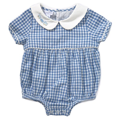 Mud Pie Baby Boys Gingham Short Sleeve Peter Pan Collar Train Embroidery Bubble