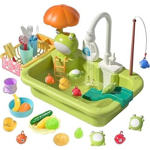 CUTE STONE Play Sink with Running Water, Kitchen Sink Toys with Upgraded Electric Faucet, Play Kitchen Toy Accessories, Pool Floating Fishing Toys for Water Play, Kids Role Play Dishwasher Toy