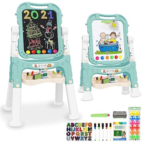 Easel for Kids,Rotatable Double Sided Easel for Kids Adjustable Standing Art Easel with Painting Accessories for Toddlers Boys and Girls-Green