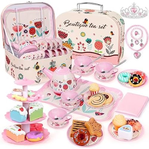 Tea Party Set for Little Girls, 49PCS Princess Tea Time Toys Including Tea Set Dessert Carrying Case, Kids Kitchen Pretend Playset, Montessori Toys for Toddlers 3 - 8 Year Old Girl Birthday Gifts