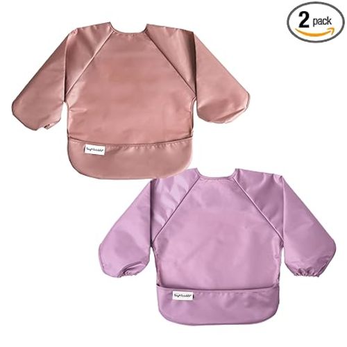 Tiny Twinkle Long Sleeve Bib for Babies & Toddlers | 2-Pack Waterproof Smock Bib for Eating | Machine Washable & Mess-Proof Feeding Essentials | Newborn Shower Gift (Taupe Lilac,6–24M)