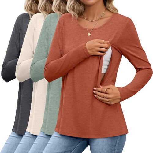 4 Pack Women's Cotton Nursing Tops Breastfeeding Maternity Hidden Zippers Crew Neck Long Sleeve Pregnancy Shirts