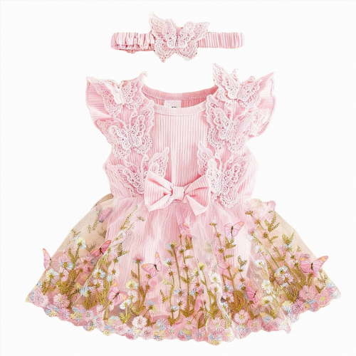 mgoYE Baby Girl Clothes Infant Summer Outfits Cute Butterflies Mesh Ruffle Sleeveless Romper Headband Set(Pink,1-3 Months)