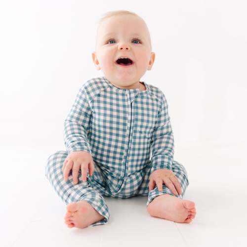 Blue Small Gingham Zip Romper