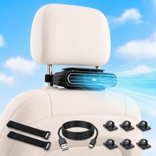 Car Seat Fan for Backseat, Rechargeable Battery & USB-C Powered Headrest Fan, Dual-Turbo 3-Speed, Low-Noise Brushless Motor, 6 Cable Clips, Up/Down Adjustable Vent, for Kids, Pets, SUVs & RVs, Black