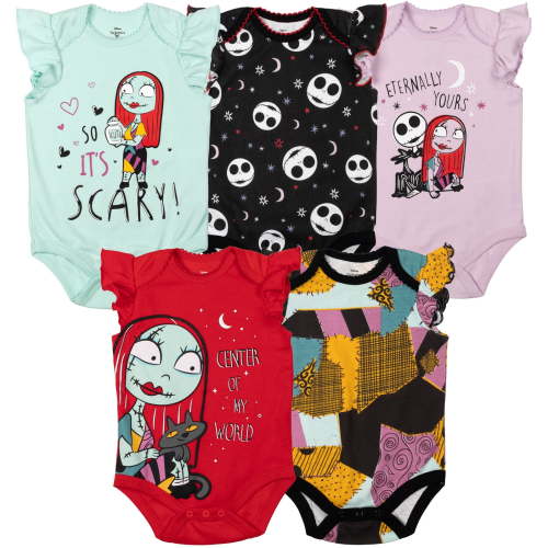Disney Nightmare Before Christmas Jack Skellington Sally Infant Baby Girls 5 Pack Cuddly Short Sleeve Bodysuits Multicolor 18 Months