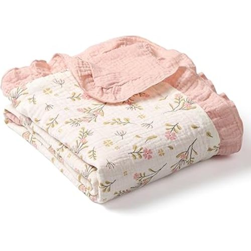 100% Organic Cotton Muslin Baby Blanket Flounce Edge Large 50"x43" Floral, Super Soft Breathable Toddler Quilt Crib Blankets Gender Neutral for Baby Boys and Girls Bassinet, Bed, Stroller & Snuggling