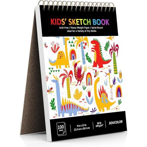 Soucolor Sketch Book for Kids – 9" x 12", 100 Sheets of Acid-Free Drawing Paper, Spiral-Bound. Lightweight Drawing Pad for Kids, Perfect for Kid Sketching, Drawing, and Coloring.